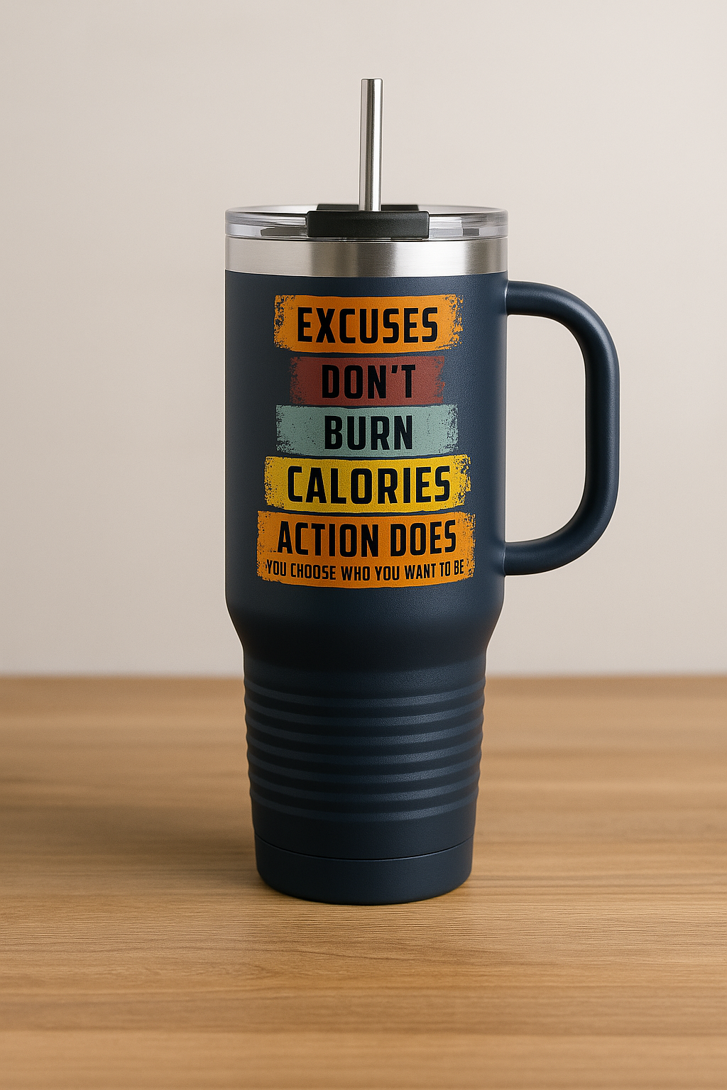 Excuses Don’t Burn Calories – Motivational 40oz Travel Mug | Gym Tumbler with Lid & Straw | Action Does Fitness Gift Cup